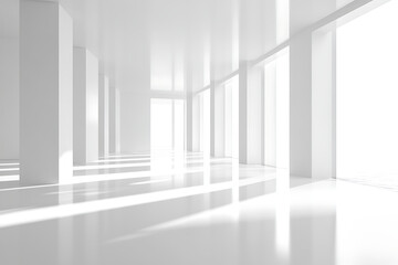 Fototapeta premium Bright white corridor with columns and light streaming through windows in minimalist architecture
