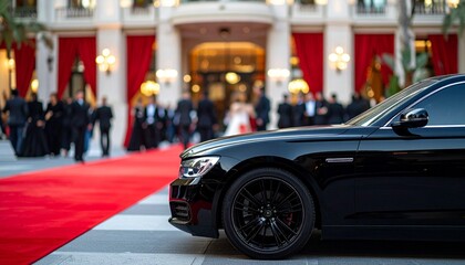 Matte Black Limousine in Front of Grand Hotel