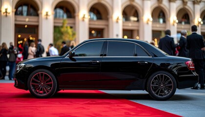 Matte Black Limousine in Front of Grand Hotel