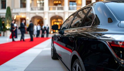Matte Black Limousine in Front of Grand Hotel