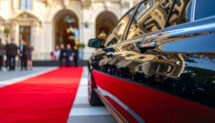 Matte Black Limousine in Front of Grand Hotel