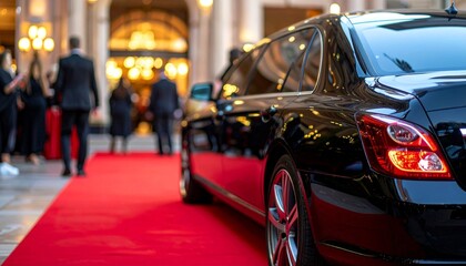 Matte Black Limousine in Front of Grand Hotel