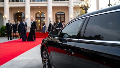 Matte Black Limousine in Front of Grand Hotel