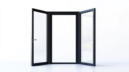 Modern black tri-fold glass doors open on white background.