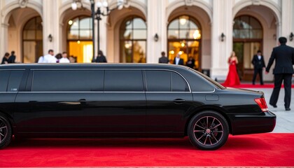 Matte Black Limousine in Front of Grand Hotel