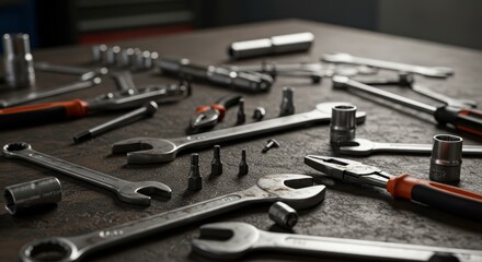 Mechanic's Tool Set on Workbench - Close-up of various hand tools neatly arranged on a dark gray workbench, ideal for mechanics, DIY projects, and repair work