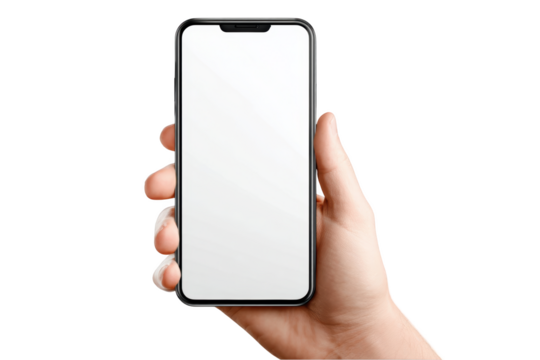 Hand holding a modern smartphone with blank white screen isolated on white background perfect for app mockup and UI presentation
