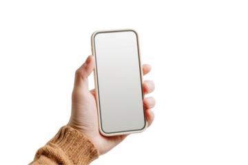Hand holding a modern smartphone with a blank screen isolated on white background perfect for app promotion or UI design mockups