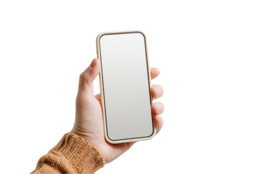 Hand holding a modern smartphone with a blank screen isolated on white background perfect for app promotion or UI design mockups