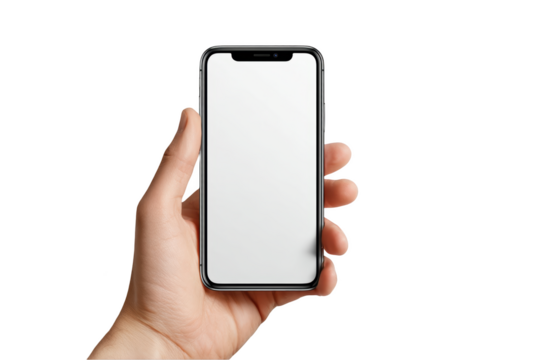 Hand holding a modern smartphone with a blank white screen isolated on white background ideal for app presentation and UI design mockups