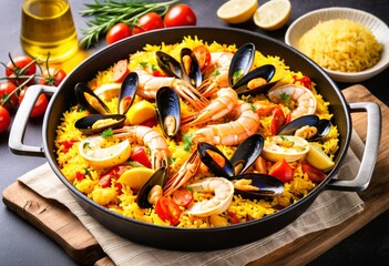 A large pan filled with seafood and rice on top of a table.