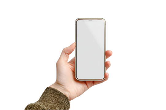 Hand holding a modern smartphone with a blank white screen isolated on white background for app presentation