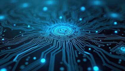 Futuristic circuit board with blue glowing lines on dark background. High-tech digital environment visual effect. Suitable for data transfer, tech industry. Modern design, innovation.