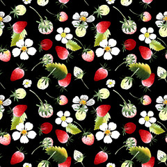 Seamless Strawberry Botanical Pattern with Flowers and Leaves