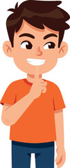 Obraz premium Smiling boy in orange shirt thinking gesture with hand on chin vector illustration 