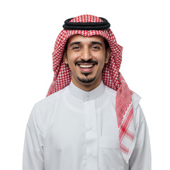 Smiling saudi man wearing traditional clothing isolated on transparent background