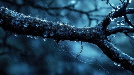 Rainy night branch close-up