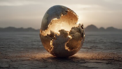 Glowing Cracked Globe Egg in Desert Landscape