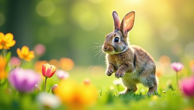 Easter bunny hopping through spring flowers on Easter Monday , grass, green