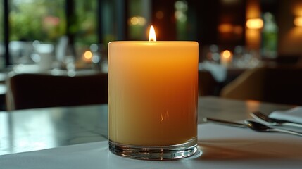 Lit candle centerpiece on table setting in restaurant