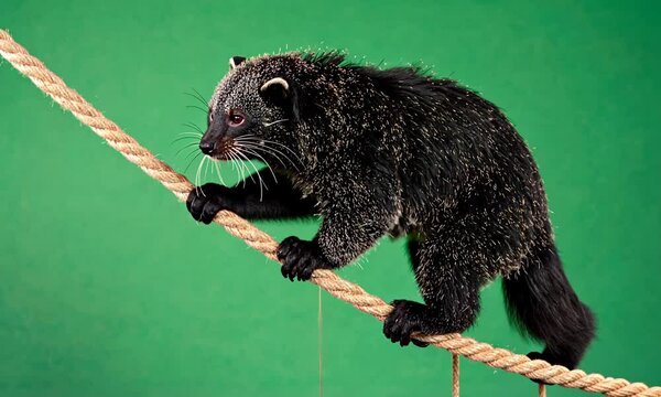 A bearcat balances, clinging to a thick rope against a green backdrop