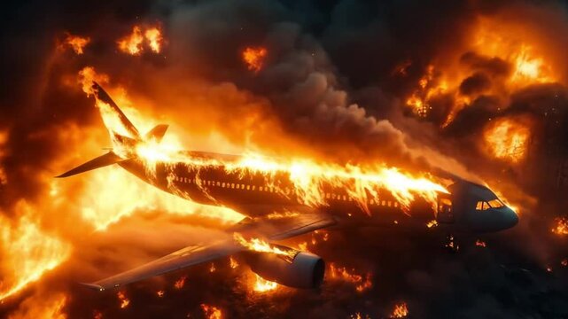 Airplane engulfed in raging flames mid-flight surrounded by dark smoke and intense firestorm during catastrophic aviation disaster