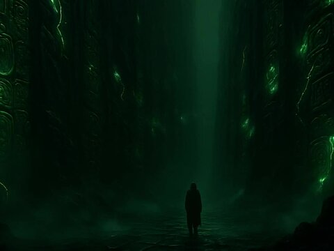 Mysterious Hooded Figure Exploring Ancient Glowing Temple Walls in Deep Green Misty Underground Corridor with Carved Symbols