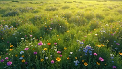 Aerial view rich green meadow filled with colorful wildflowers creates picturesque rural landscape. Wildflowers of various colors. Beautiful springtime landscape. Idyllic countryside scenery with