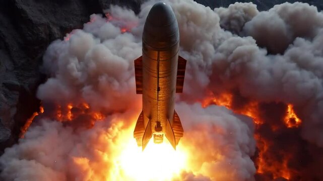 Close-up of a powerful nuclear missile launch with explosive fireball and blazing thrust captured from ground perspective