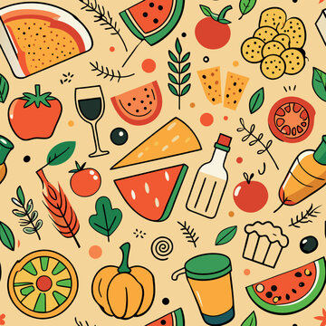Colorful pattern featuring various food items and drinks in a playful design showcasing culinary diversity Generative AI