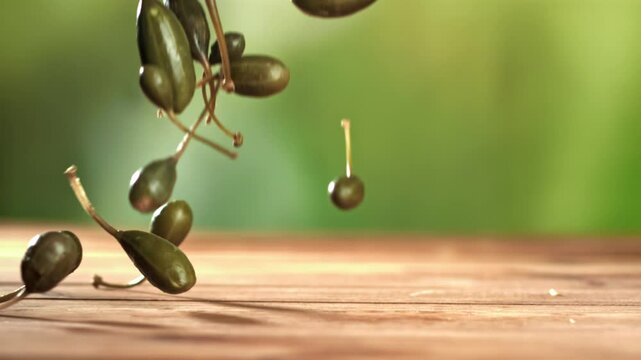 Pickled capers fall on the table. Filmed on a high-speed camera at 1000 fps. High quality FullHD footage