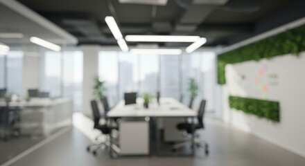 Modern Office Workspace Design - Blurred of a modern, bright office space with large windows, a conference table, and a living wall. Ideal for showcasing business, corporate, and technology concepts