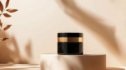 Elegant black cosmetic jar with gold accents on a minimalist pedestal surrounded by soft shadows