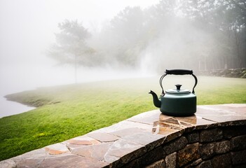 A green kettle sitting on top of a stone patio.