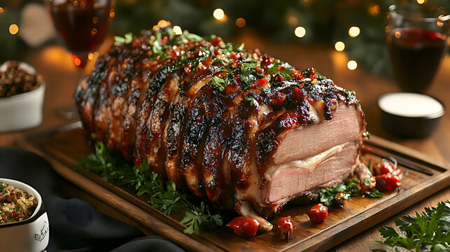 Cochinillo, Suckling Pig perfectly roasted suckling pig on serving tray, festive rustic setup