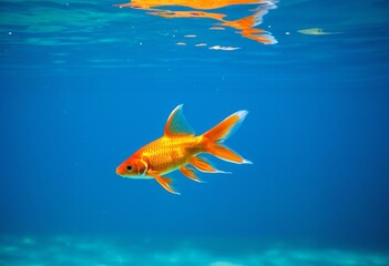 Naklejka premium A goldfish swimming in an aquarium with blue water.
