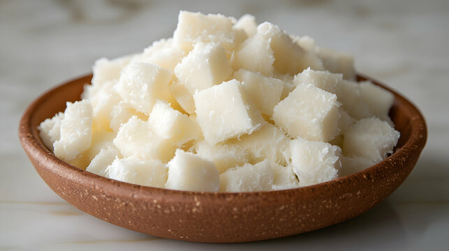 Coco Seco en Dados, Diced Dried Coconut neatly piled in a simple clay dish, clean cream background
