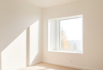 A empty room with a large window in it.