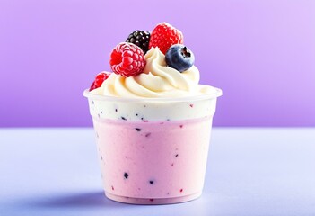 A cup of yogurt with berries on top of it.