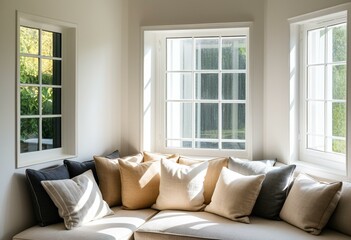 Obraz premium A couch with pillows in front of a large window.
