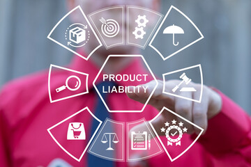 Product Liability Law Concept. Business person using virtual touch screen push inscription: PRODUCT...