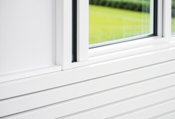 Fototapeta premium A close up of a window with a view of a green field.