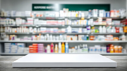 Empty white display table in front of blurred pharmacy shelves offering space for product placement and promotional mockups