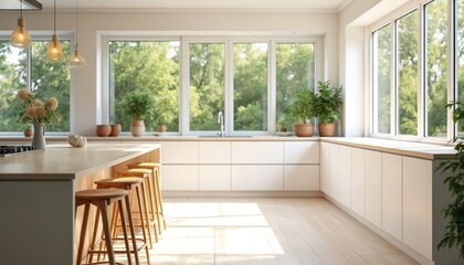 Fototapeta premium Modern bright kitchen interior design. White minimalist decor, wooden counter with bar stools. Green plants, natural light from big windows. Airy, clean, cozy home space.