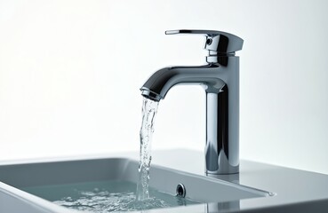 Modern chrome faucet streams water, clean minimalist bathroom scene. Flowing water over washbasin, white background. Sleek design, plumbing, hygiene concept, interior design.