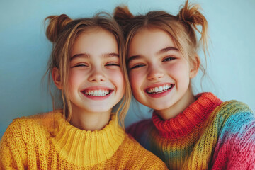 Relatives time siblings weekend home concept. Close up portrait of two cheerful honest cute lovely sweet beautiful mum and kid with pigtails hugging the neck laughing isolated on bright