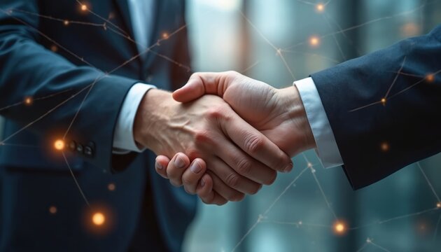 Business partners handshake. Connection network concept, teamwork success. Agreement collaboration, business people in suits shaking hands, establishing business deal, partnership contract. - Powered by Adobe