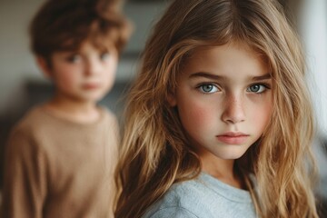 Jealous relationship siblings in family, conflict children and envy for mother. Parent choice darling child, inequality kids. Jealousy in family. Childrens jealousy, resentment