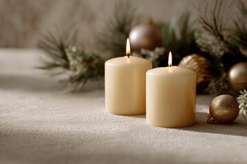 cozy christmas celebration scene featuring aromatic candles on bright table