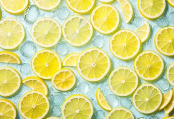 Fototapeta premium A bunch of lemons and ice cubes on a blue surface.